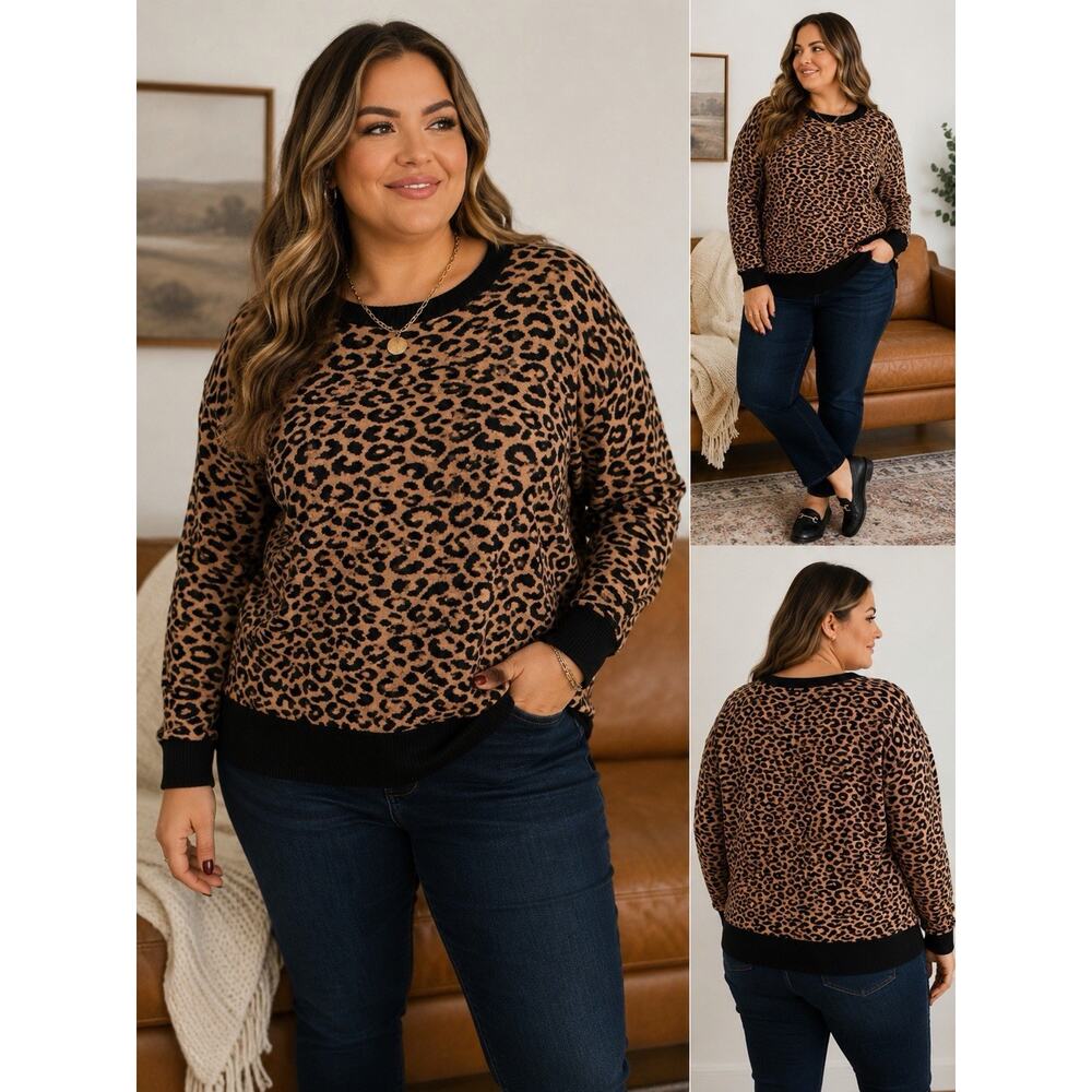 NWT Mauvel Leopard Print Sweater 3X Black Tan Knit Pullover Plus Size Stretch